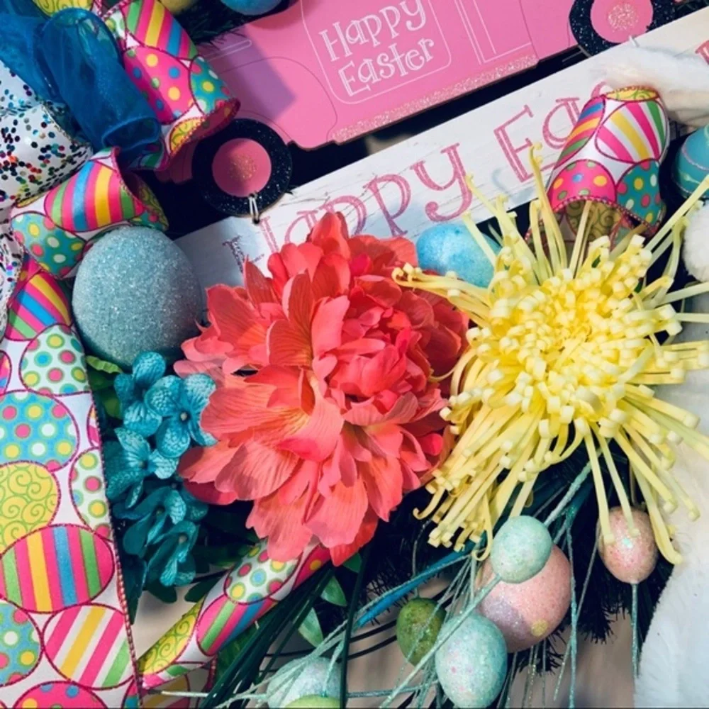 New Designer Floral Easter Lush Bunny Pick Up Truck Spring Door Wall Wreath